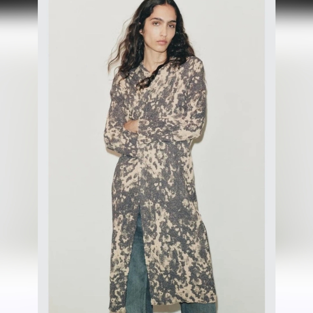 Zara Limited Edition Jaquard Knit Duster Coat Size Small Gold/ Grey,Blue - Picture 6 of 14